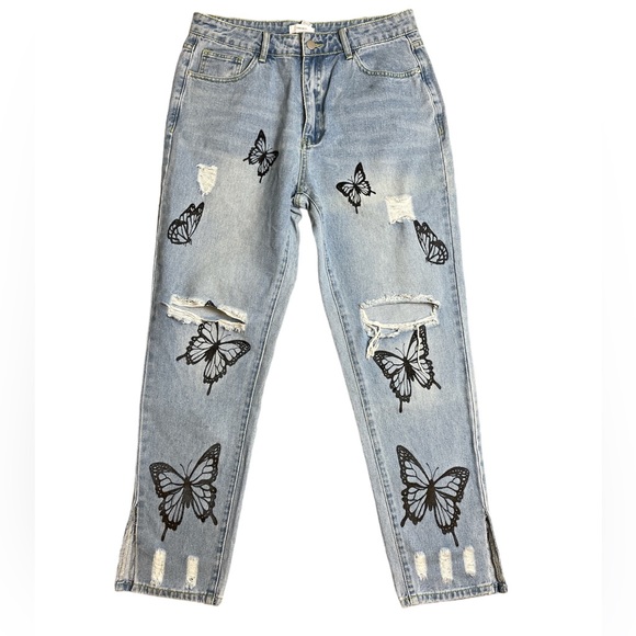 Forever 21 High Rise Light Denim Jeans Women Size Large Distressed Butterfly - Picture 1 of 11